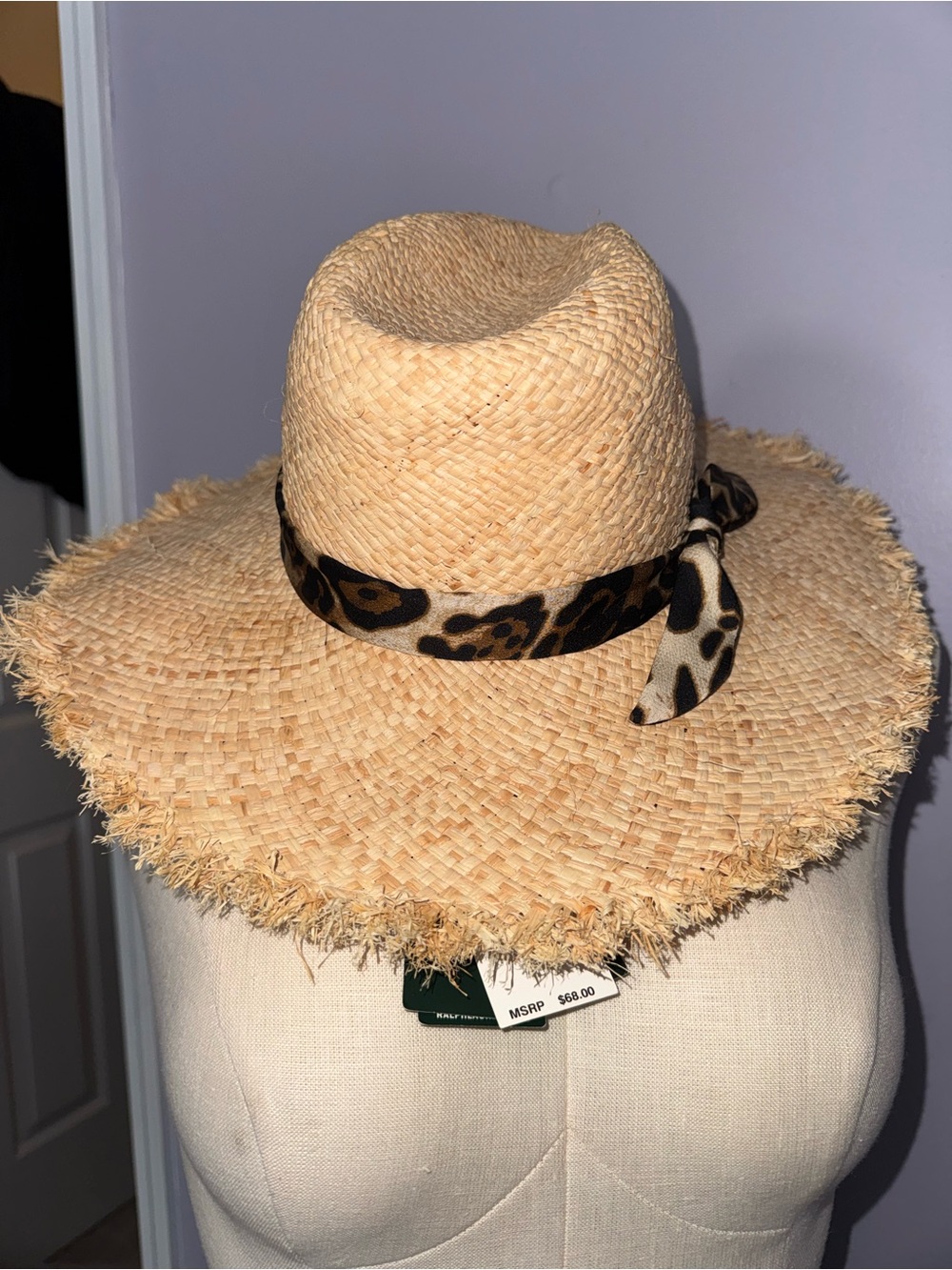 NWT Lauren Ralph Lauren Leopard Bow Raffia Straw Sun Hat One Size